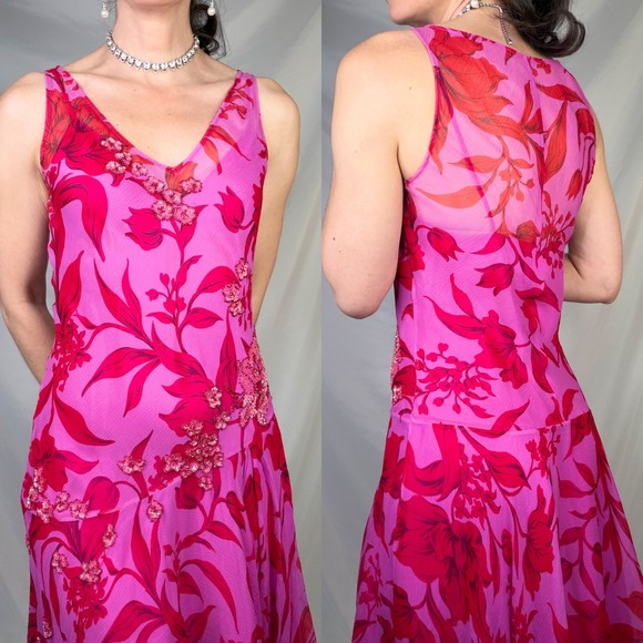 Laundry by Shelli Segal Silk Dress Floral‎ Sequin Chiffon Asymmetrical Beaded 10 - Picture 14 of 15